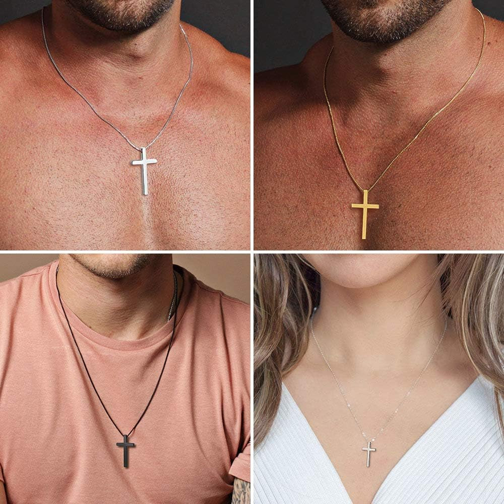 Cross Necklace for Men Teen Boys, Silver Black Gold Stainless Steel Plain Cross Pendant Necklace Box Chain 16-30 Inch