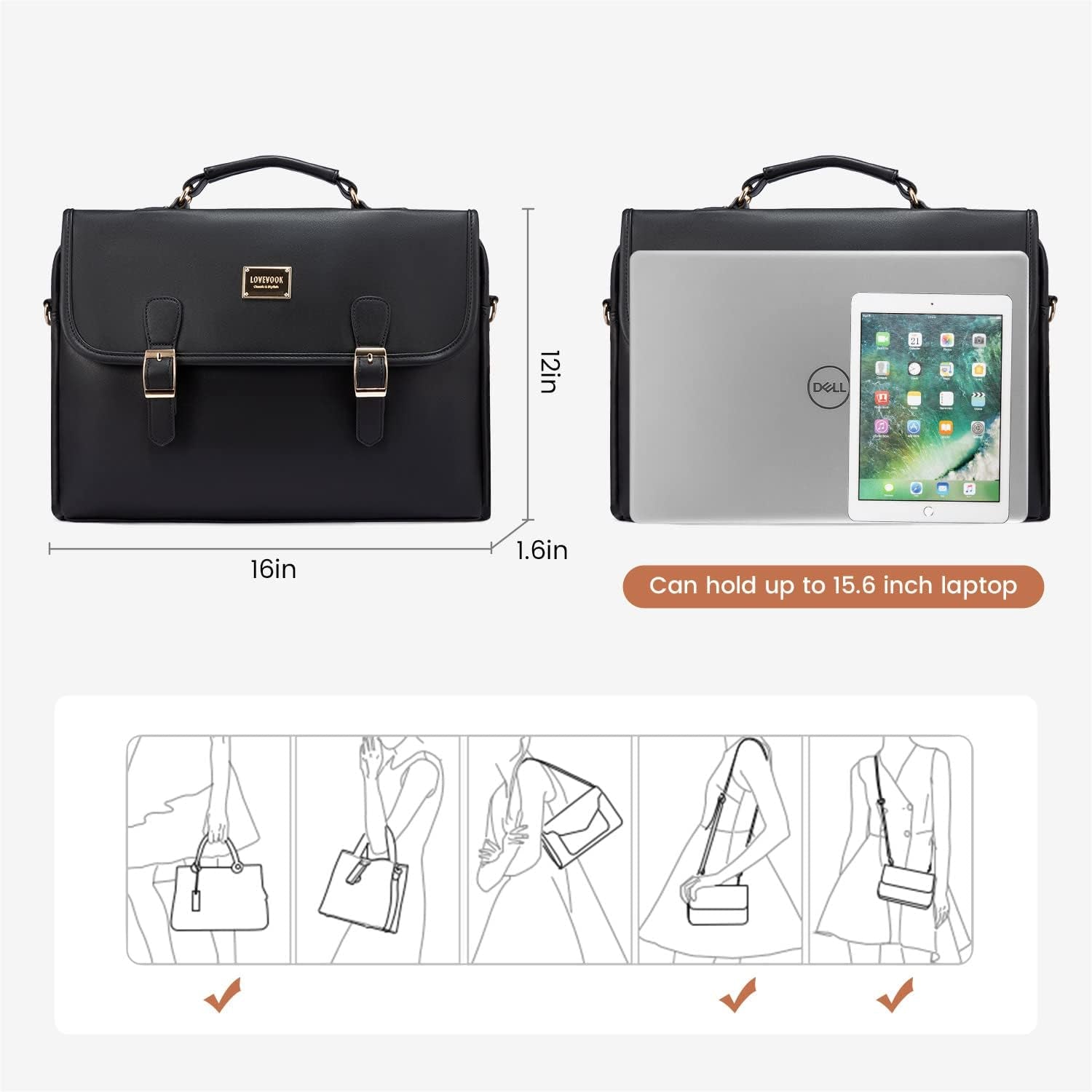 Computer Bag Laptop Bag for Women Cute PU Laptop Messenger Bag for Work College,Black