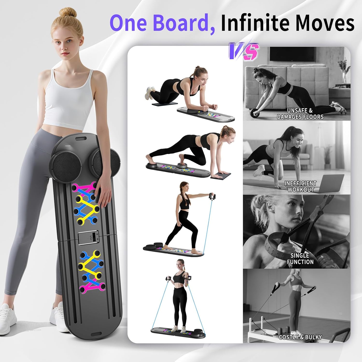 Pilates Board, Foldable Pilates Reformer Set for Home Workout with Timer, 6-In-1 Multifunctional Portable Reformer Pilates Machine at Home Pilates Equipment for Fitness,