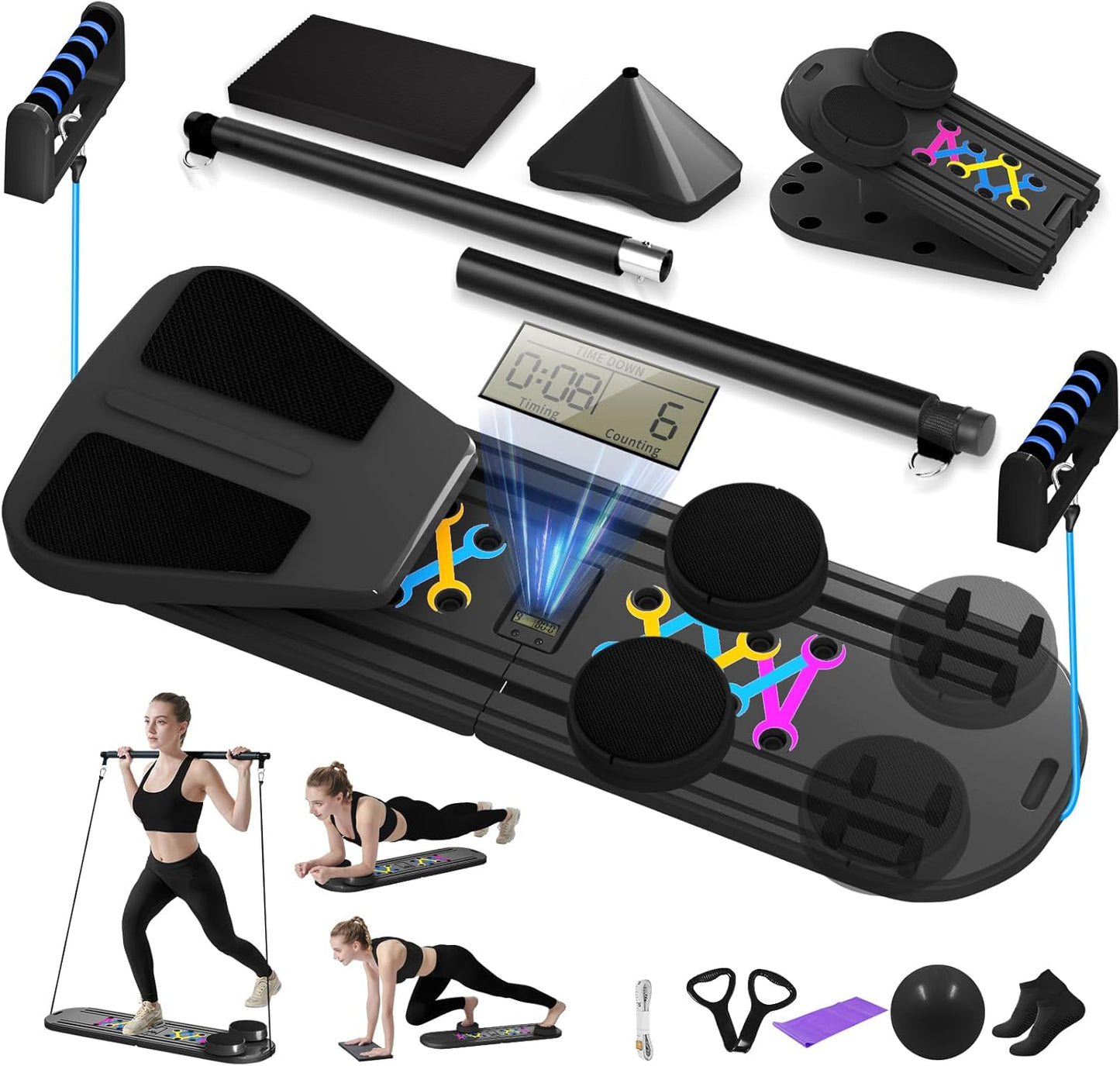 Pilates Board, Foldable Pilates Reformer Set for Home Workout with Timer, 6-In-1 Multifunctional Portable Reformer Pilates Machine at Home Pilates Equipment for Fitness,