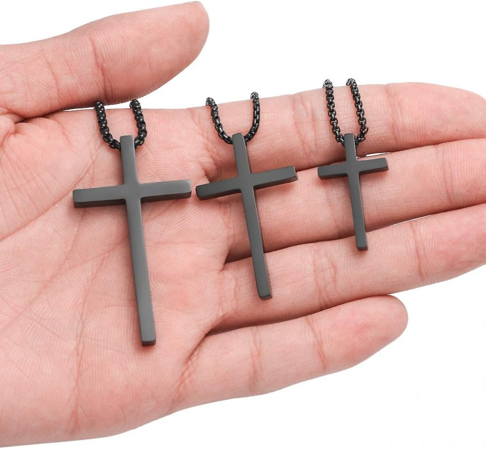 Cross Necklace for Men Teen Boys, Silver Black Gold Stainless Steel Plain Cross Pendant Necklace Box Chain 16-30 Inch